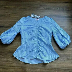 Parker Womens Exclusive Dita Blouse Poplin Blue‎ V-Neck Top Medium Boho Preppy